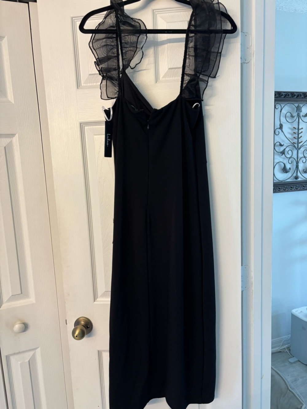 Lulu's Black Midi Dress with Sheer Ruffle Straps